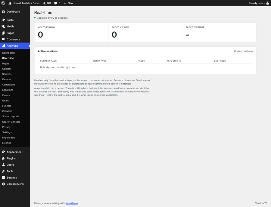 Real-time: Active sessions, with a polite live region and 15-second polling