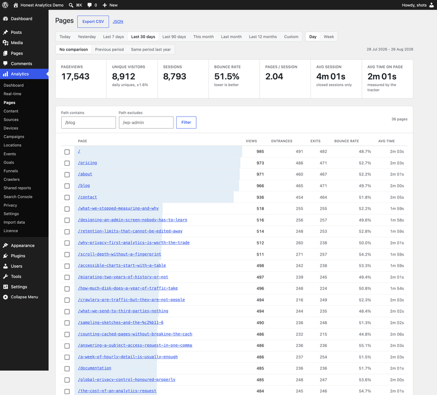 Pages: Ranked table with filters and comparison checkboxes