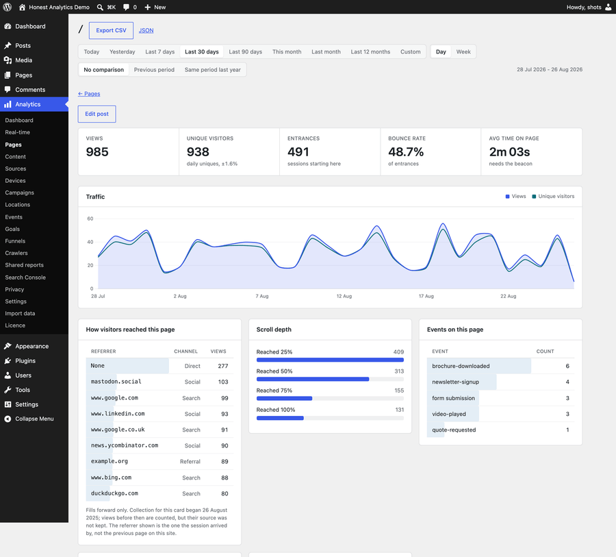 Page detail: A single page's KPIs, its trend, and how visitors arrived at it
