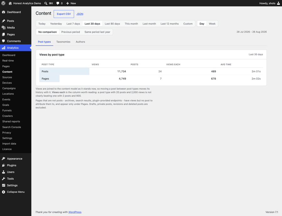 Content: By post type, plus taxonomy and author tabs