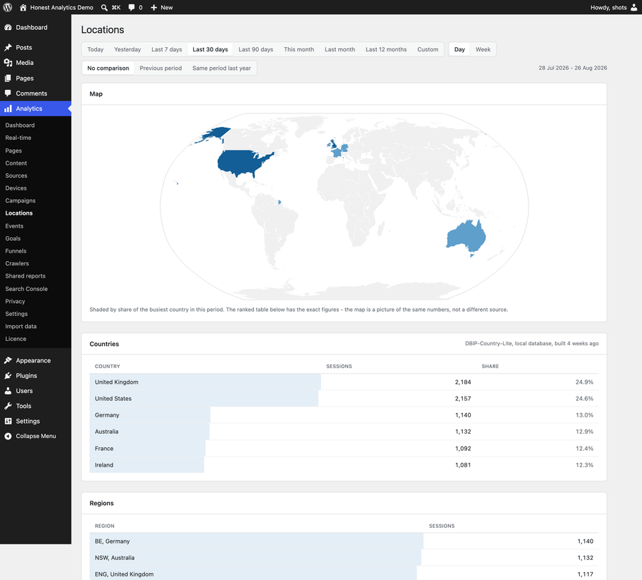 Locations: Country-level breakdown from a locally installed geo database