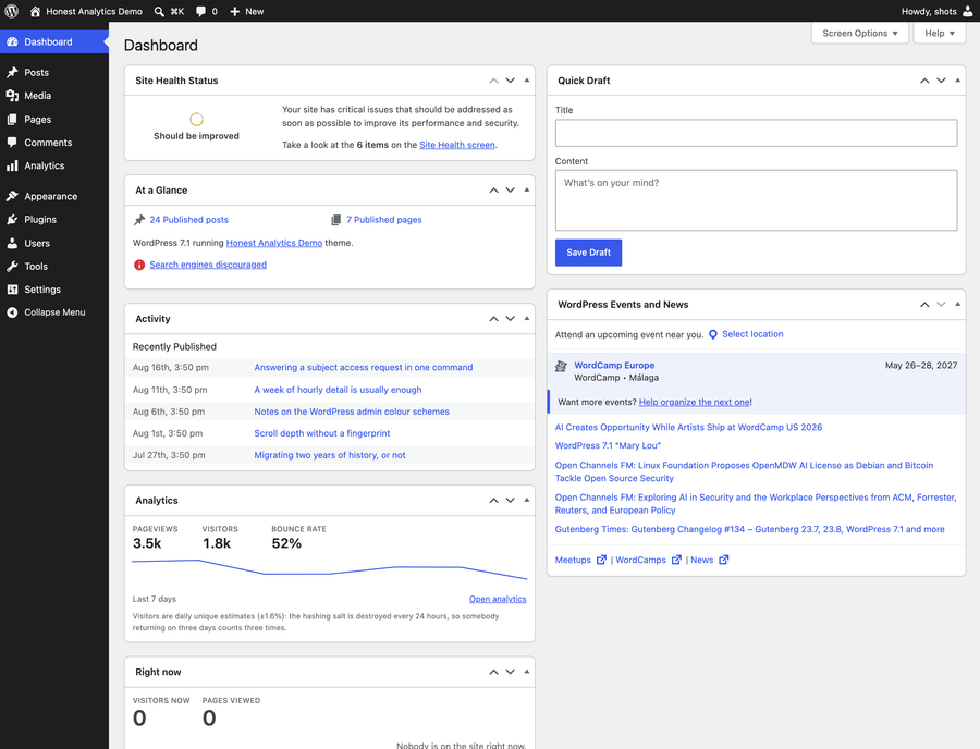 Dashboard widgets: Overview and Right now, on the WordPress dashboard