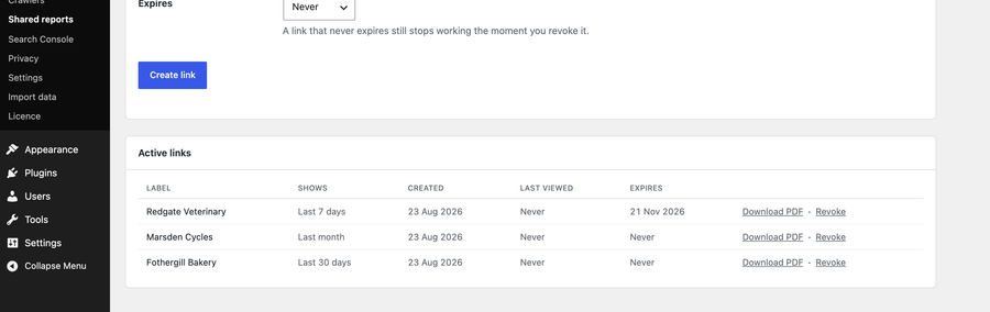 Shared reports: Client links, what each one shows, and when it expires